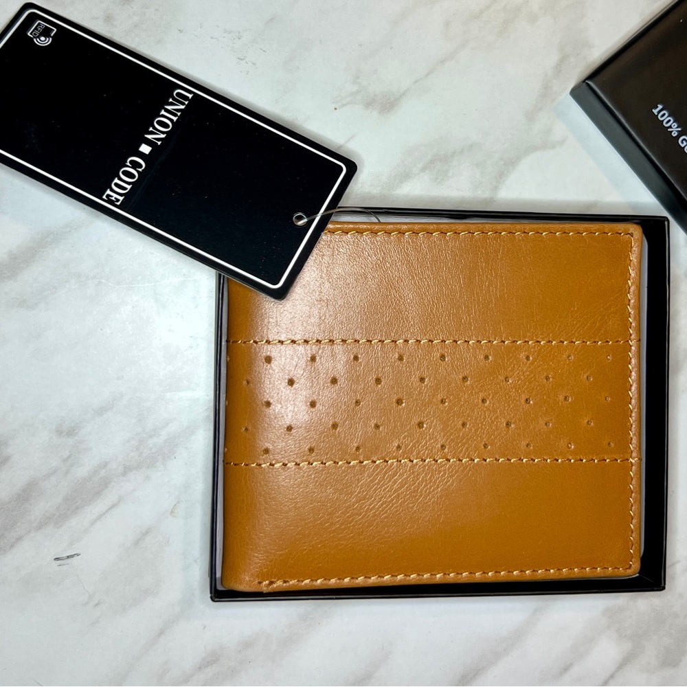 Tan Leather Bifold Wallet with Perforated Detail